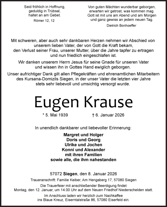 Traueranzeige von Eugen Krause von Siegener Zeitung