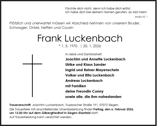 Traueranzeige von Frank Luckenbach von Siegener Zeitung