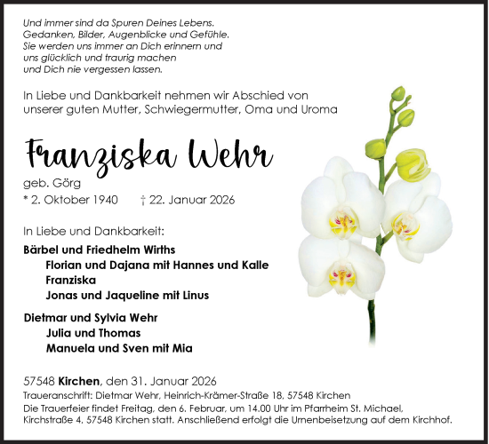 Traueranzeige von Franziska Wehr von Siegener Zeitung