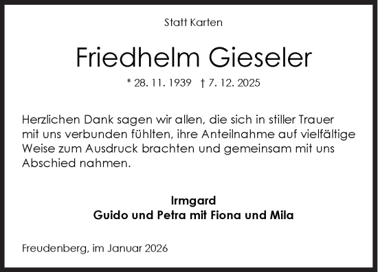 Traueranzeige von Friedhelm Gieseler von Siegener Zeitung