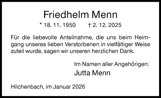 Traueranzeige von Friedhelm Menn von Siegener Zeitung