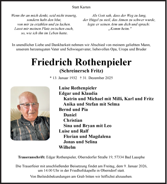 Traueranzeige von Friedrich Rothenpieler von Siegener Zeitung