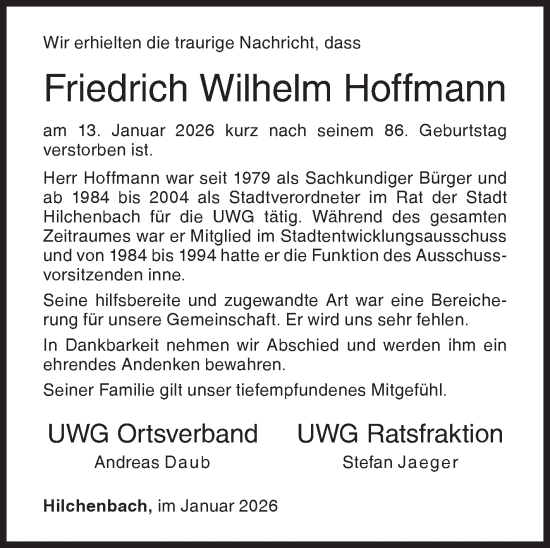 Traueranzeige von Friedrich Wilhelm Hoffmann von Siegener Zeitung