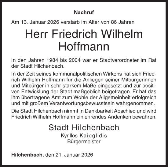 Traueranzeige von Friedrich Wilhelm Hoffmann von Siegener Zeitung