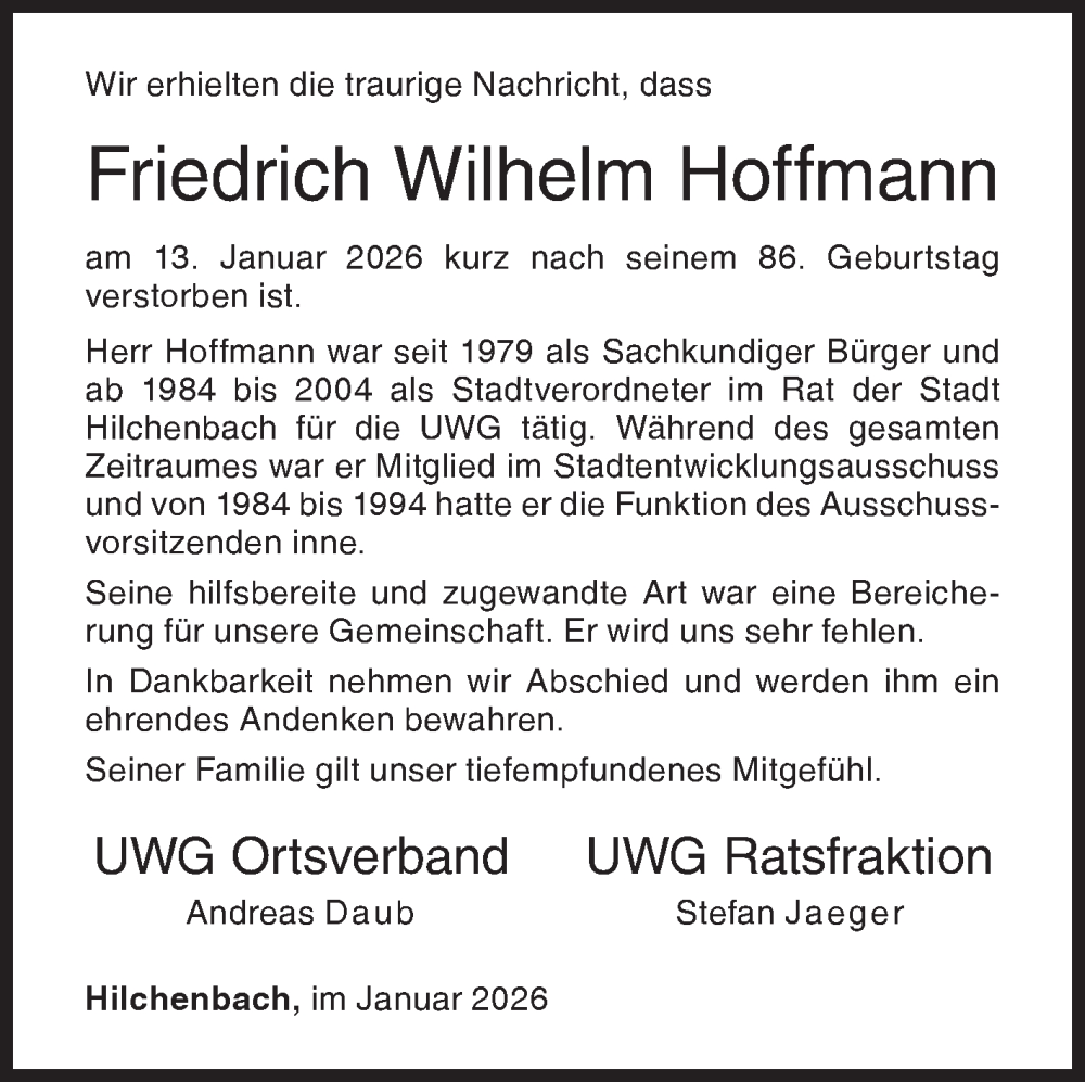  Traueranzeige für Friedrich Wilhelm Hoffmann vom 24.01.2026 aus Siegener Zeitung