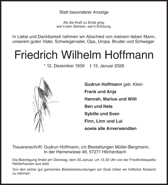 Traueranzeige von Friedrich Wilhelm Hoffmann von Siegener Zeitung