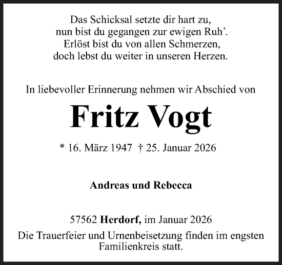 Traueranzeige von Fritz Vogt von Siegener Zeitung