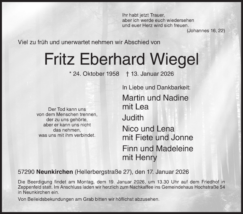  Traueranzeige für Fritz Eberhard Wiegel vom 17.01.2026 aus Siegener Zeitung