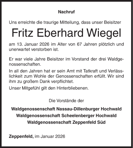 Traueranzeige von Fritz Eberhard Wiegel von Siegener Zeitung