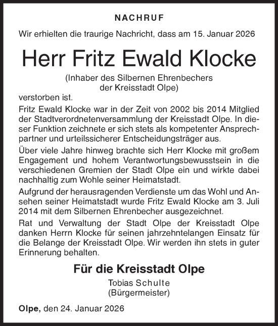 Traueranzeige von Fritz Ewald Klocke von Siegener Zeitung
