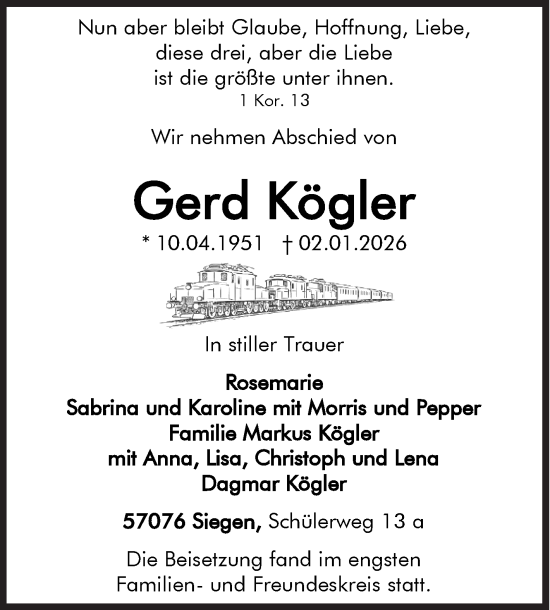 Traueranzeige von Gerd Kögler von Siegener Zeitung