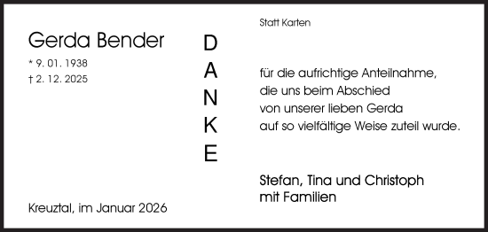 Traueranzeige von Gerda Bender von Siegener Zeitung