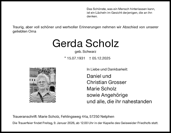 Traueranzeige von Gerda Scholz von Siegener Zeitung