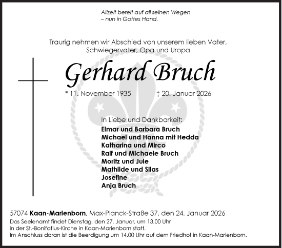 Traueranzeige von Gerhard Bruch von Siegener Zeitung