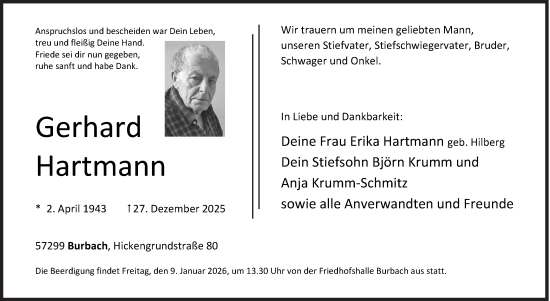 Traueranzeige von Gerhard Hartmann von Siegener Zeitung