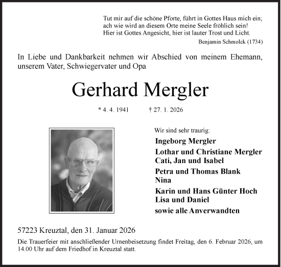 Traueranzeige von Gerhard Mergler von Siegener Zeitung