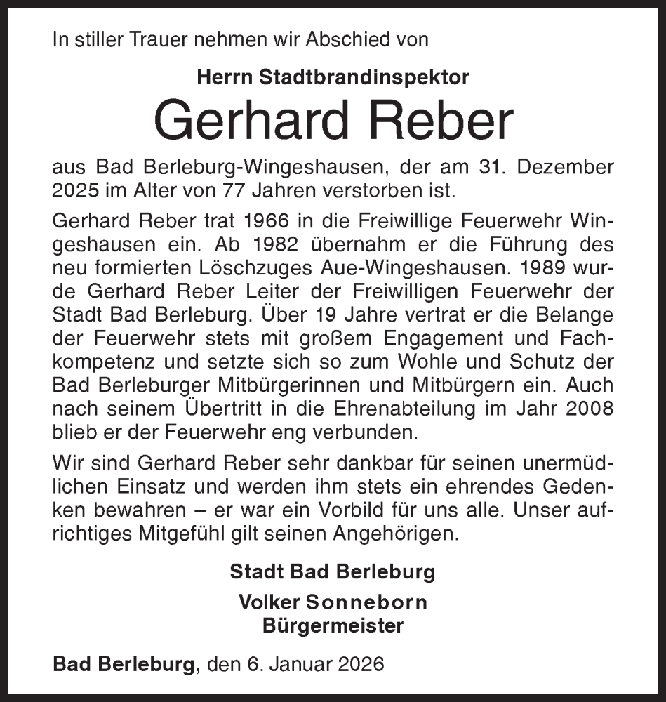  Traueranzeige für Gerhard Reber vom 06.01.2026 aus Siegener Zeitung
