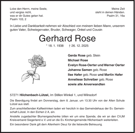 Traueranzeige von Gerhard Rose von Siegener Zeitung