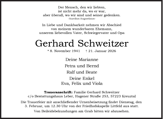 Traueranzeige von Gerhard Schweitzer von Siegener Zeitung