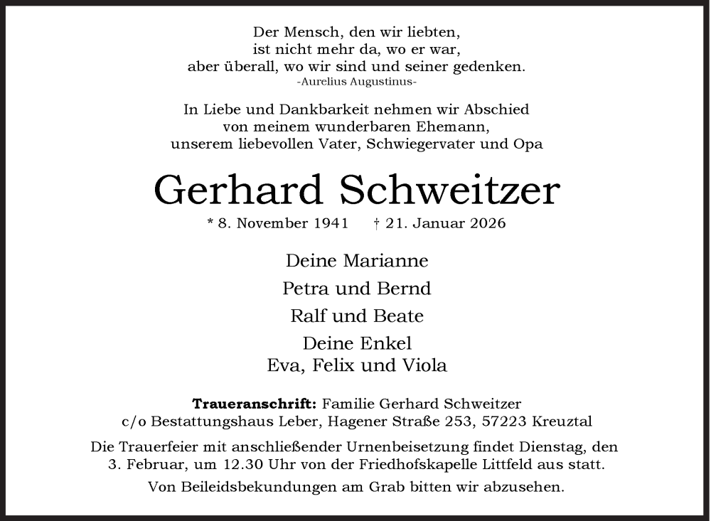  Traueranzeige für Gerhard Schweitzer vom 27.01.2026 aus Siegener Zeitung