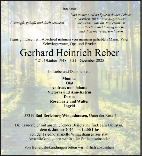 Traueranzeige von Gerhard Heinrich Reber von Siegener Zeitung