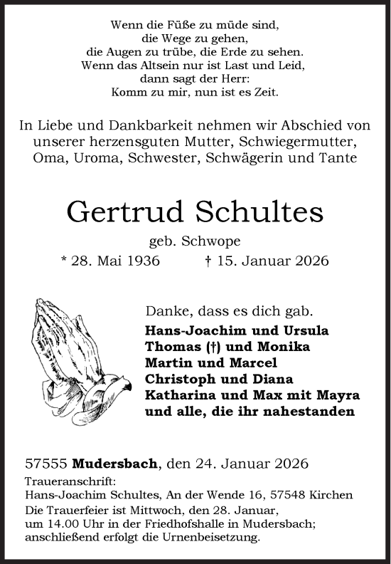Traueranzeige von Gertrud Schultes von Siegener Zeitung