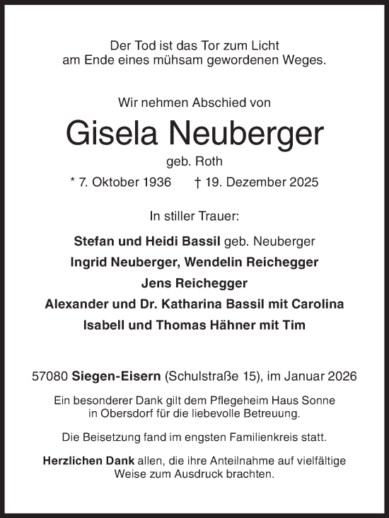 Traueranzeige von Gisela Neuberger von Siegener Zeitung