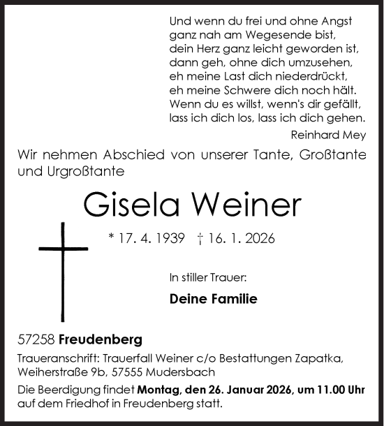 Traueranzeige von Gisela Weiner von Siegener Zeitung