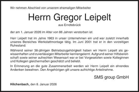 Traueranzeige von Gregor Leipelt von Siegener Zeitung