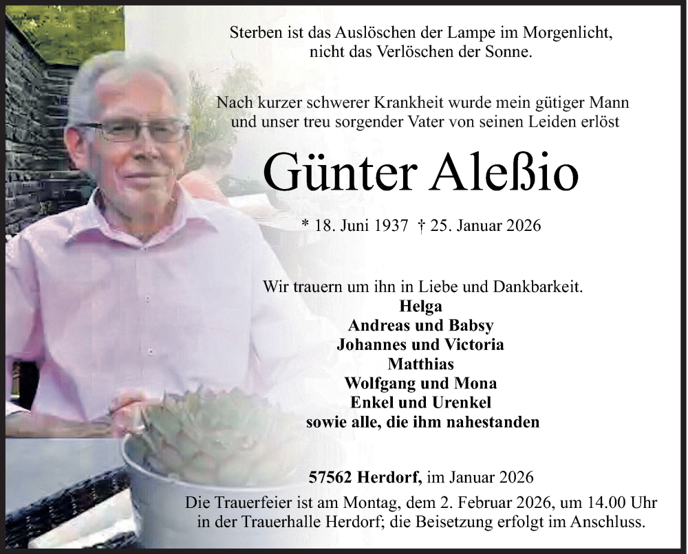  Traueranzeige für Günter Aleßio vom 29.01.2026 aus Siegener Zeitung