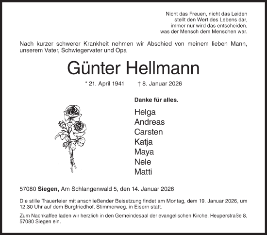 Traueranzeige von Günter Hellmann von Siegener Zeitung