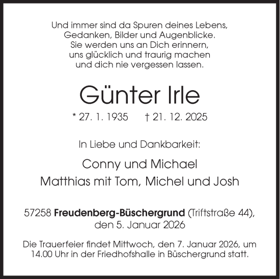 Traueranzeige von Günter Irle von Siegener Zeitung