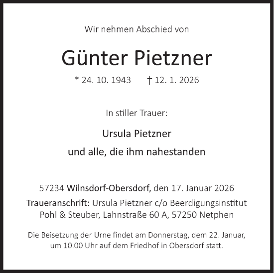 Traueranzeige von Günter Pietzner von Siegener Zeitung