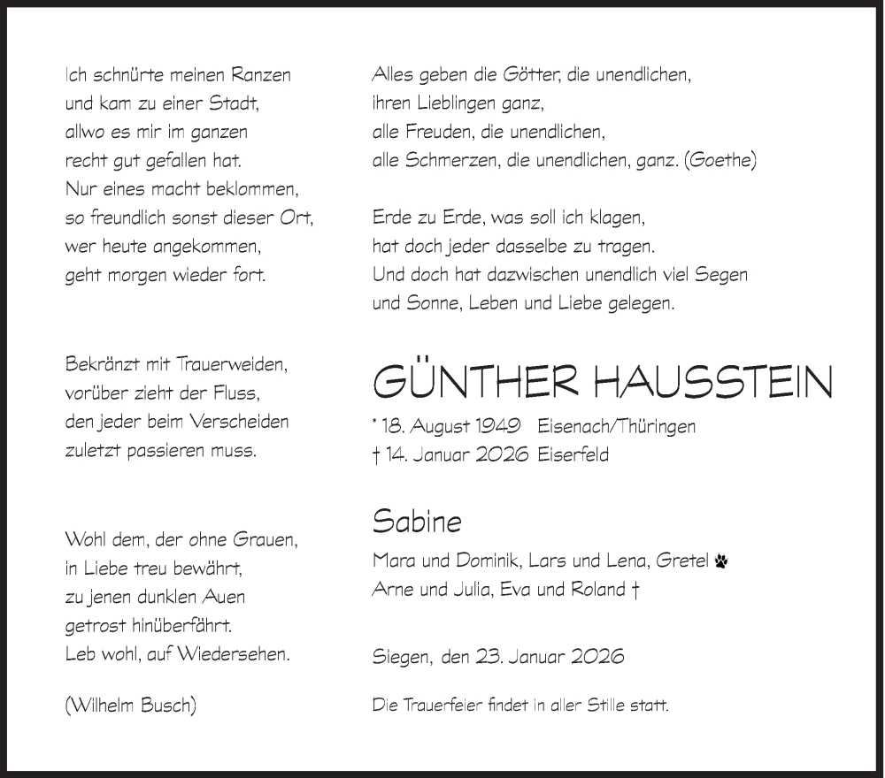  Traueranzeige für Günther Hausstein vom 23.01.2026 aus Siegener Zeitung