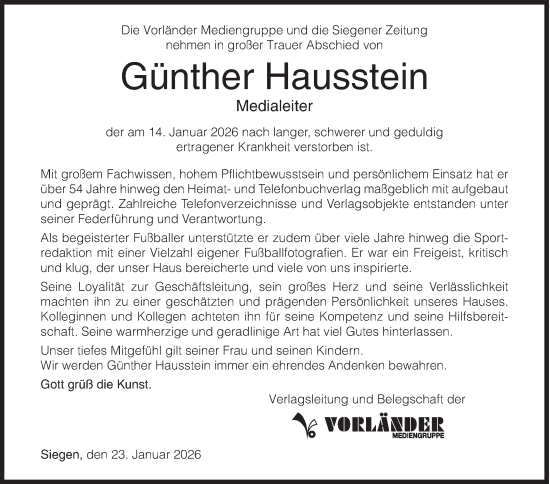 Traueranzeige von Günther Hausstein von Siegener Zeitung