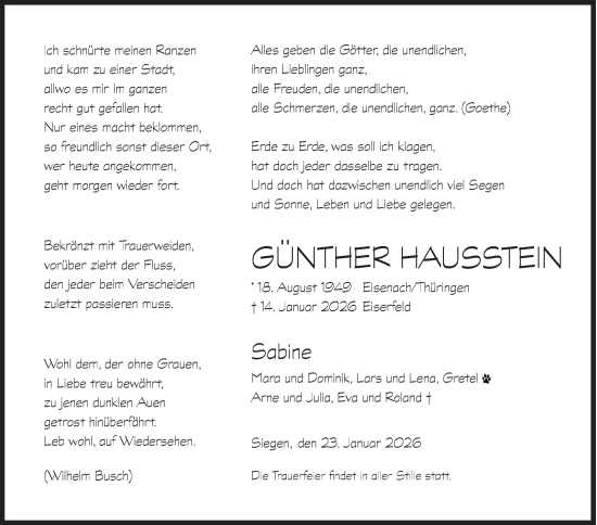Traueranzeige von Günther Hausstein von Siegener Zeitung