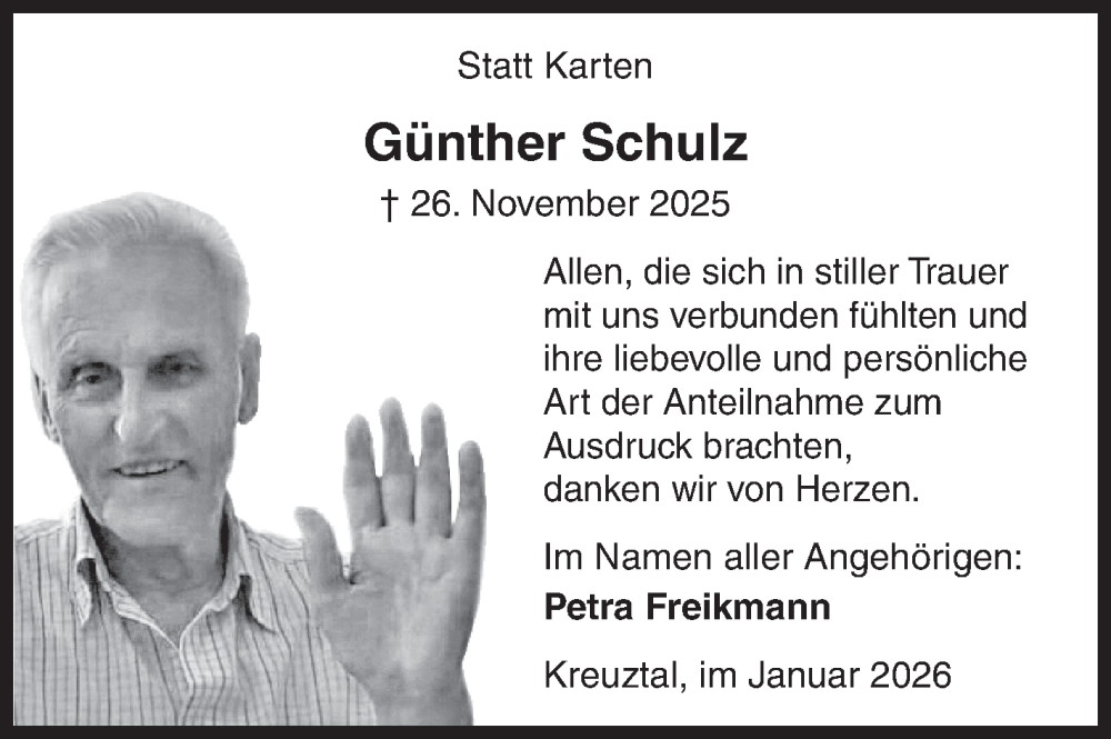  Traueranzeige für Günther Schulz vom 10.01.2026 aus Siegener Zeitung