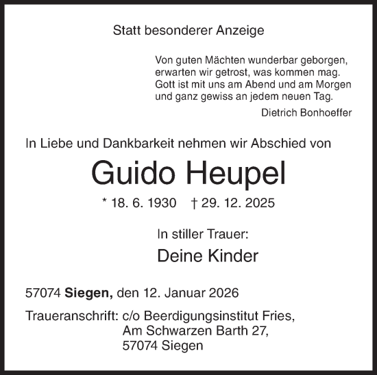 Traueranzeige von Guido Heupel von Siegener Zeitung