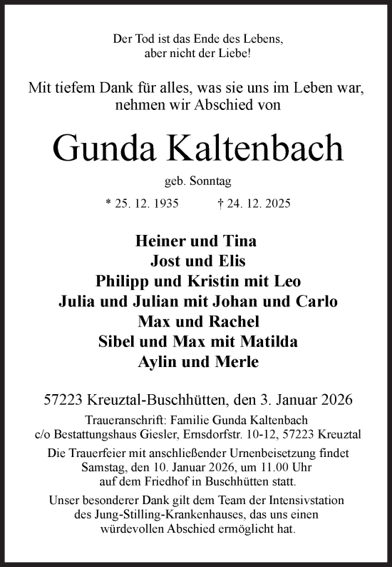 Traueranzeige von Gunda Kaltenbach von Siegener Zeitung