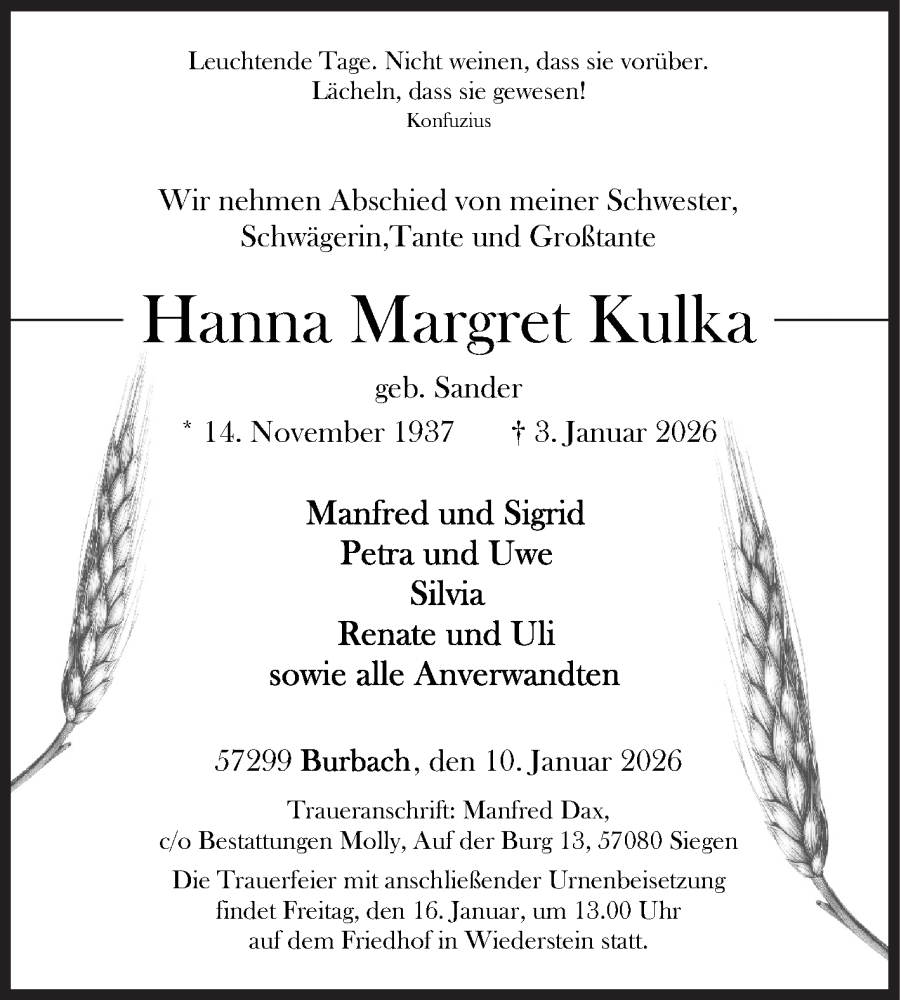  Traueranzeige für Hanna Margret Kulka vom 10.01.2026 aus Siegener Zeitung