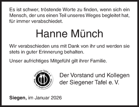 Traueranzeige von Hanne Münch von Siegener Zeitung