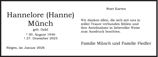 Traueranzeige von Hannelore Münch von Siegener Zeitung