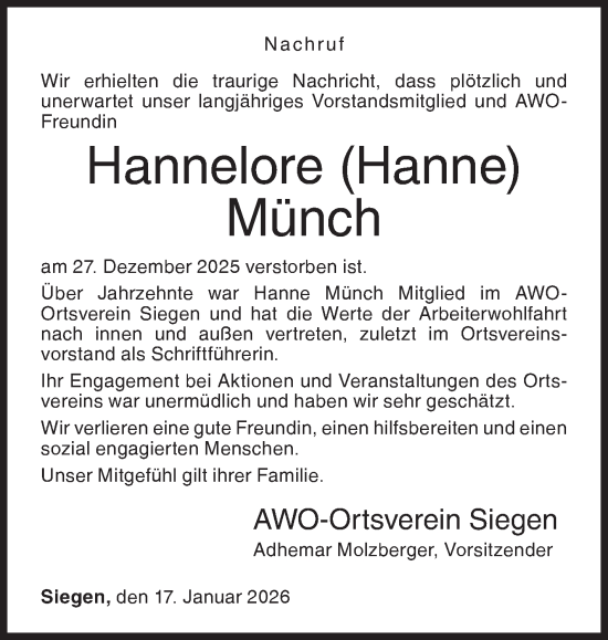 Traueranzeige von Hannelore Münch von Siegener Zeitung