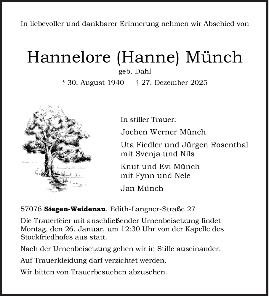  Traueranzeige für Hannelore Münch vom 10.01.2026 aus Siegener Zeitung