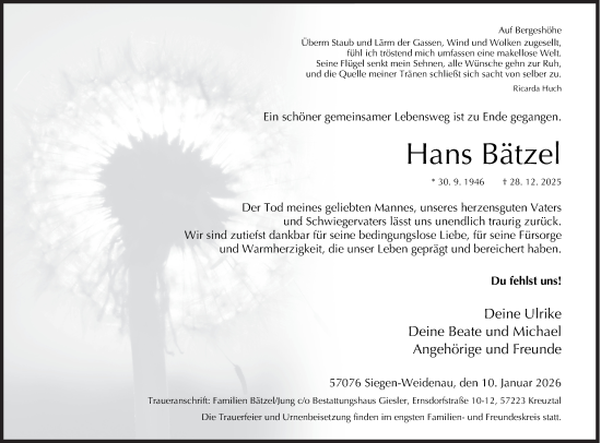Traueranzeige von Hans Bätzel von Siegener Zeitung