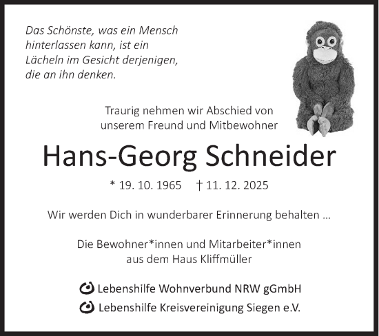 Traueranzeige von Hans-Georg Schneider von Siegener Zeitung