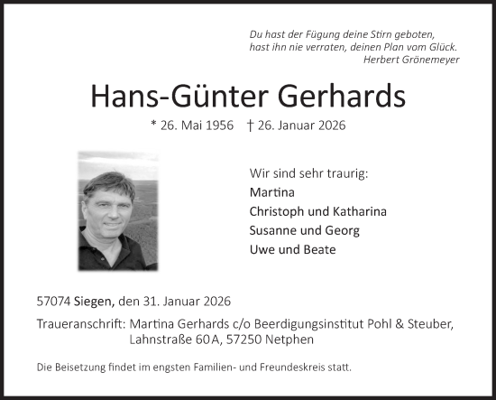 Traueranzeige von Hans-Günter Gerhards von Siegener Zeitung