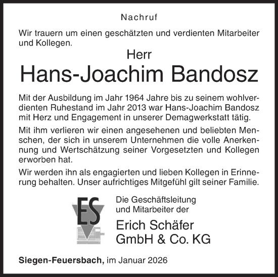 Traueranzeige von Hans-Joachim Bandosz von Siegener Zeitung
