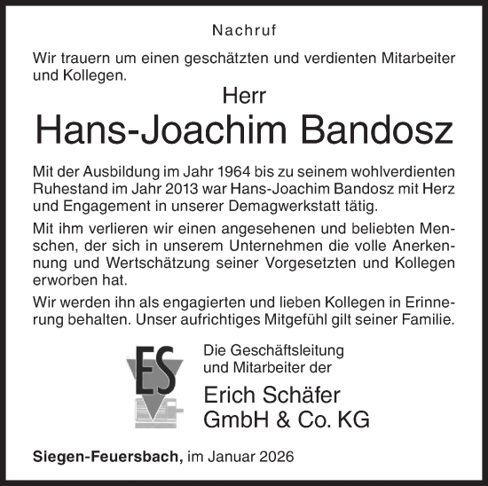 Traueranzeige von Hans-Joachim Bandosz von Siegener Zeitung