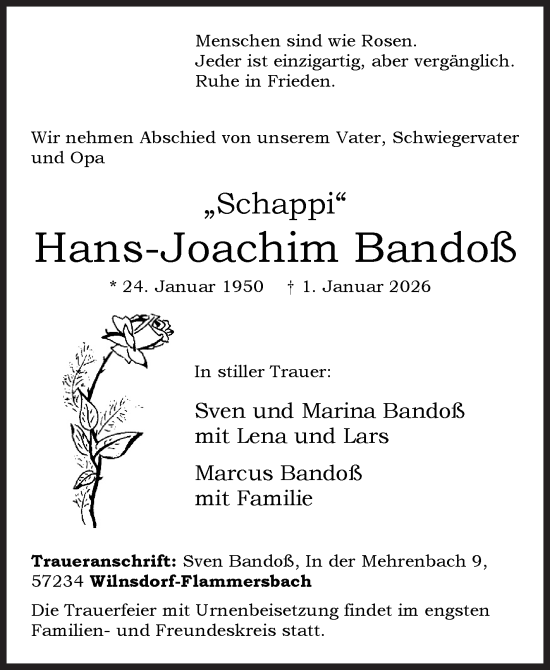 Traueranzeige von Hans-Joachim Bandoß von Siegener Zeitung